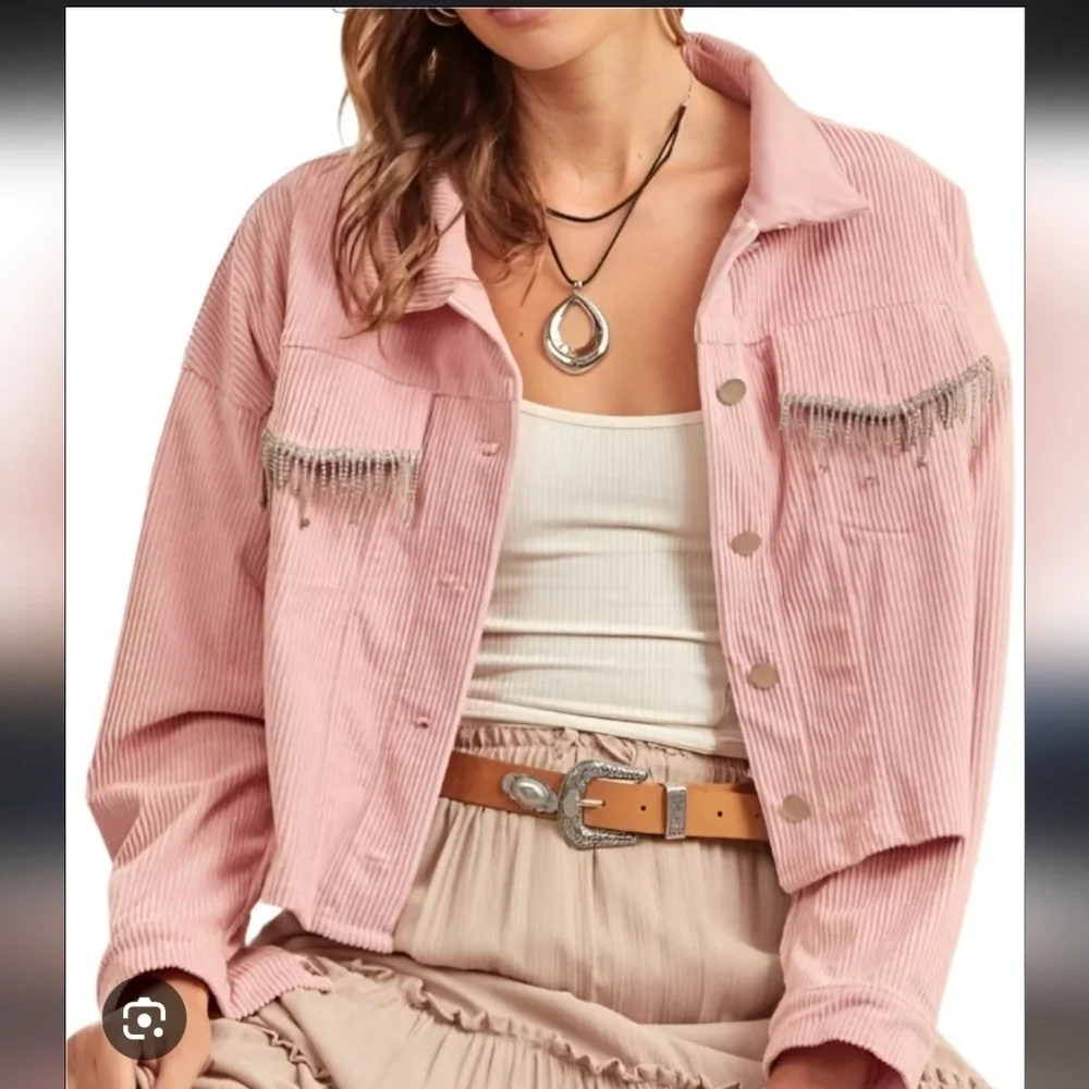 NWT Savanna Jane Pink Corduroy Jacket with Rhinestone Fringe Detail - Picture 1 of 7